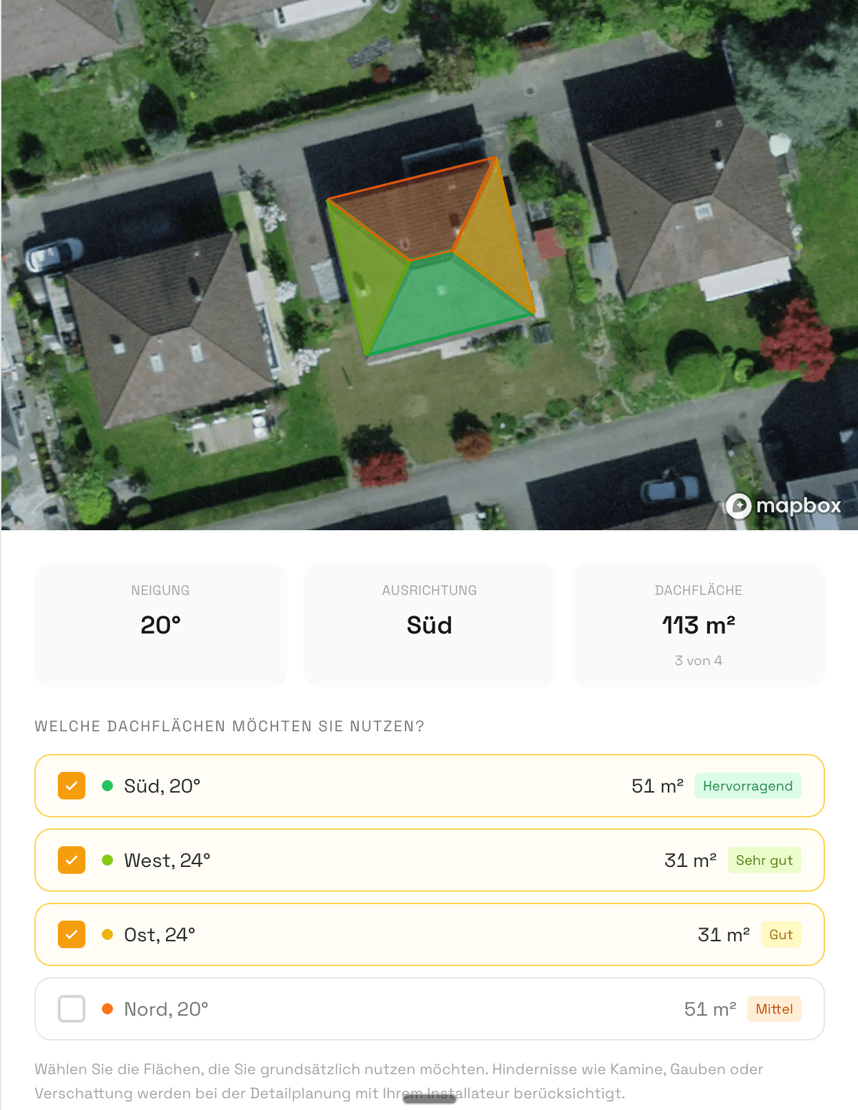 Solarheld-Konfigurator: Dachflächen-Analyse mit Solarpotenzial-Bewertung für ein Einfamilienhaus